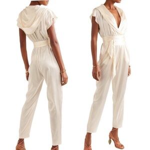 MIGUELINA Gigi Belted Silk Charmeuse Hooded Jumpsuit belted ivory XS